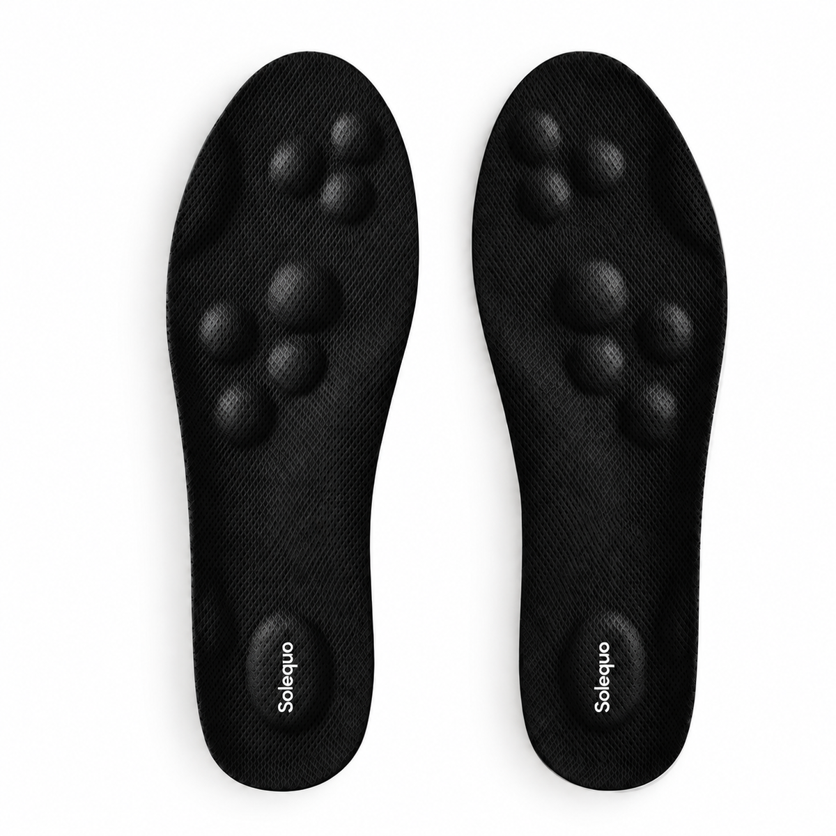 Solequo black insoles with raised cushioning and white heel logos