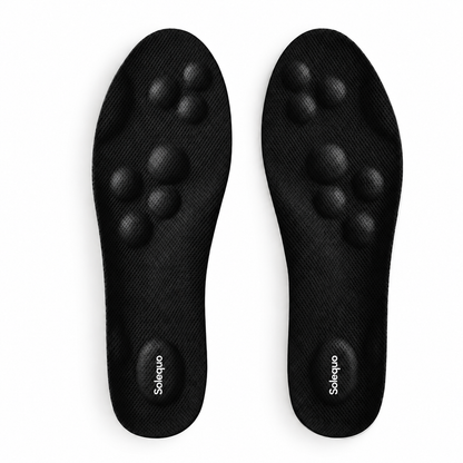 Solequo black insoles with raised cushioning and white heel logos